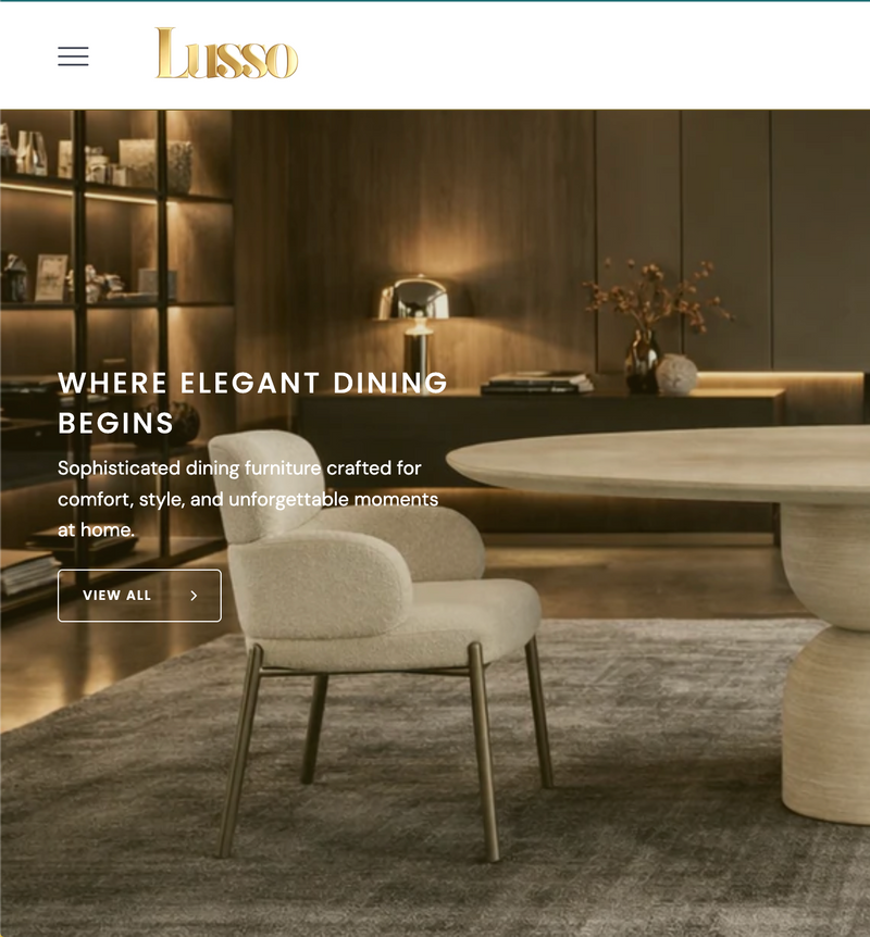 Captura de la tienda online de Lusso Furniture, muebles elegantes