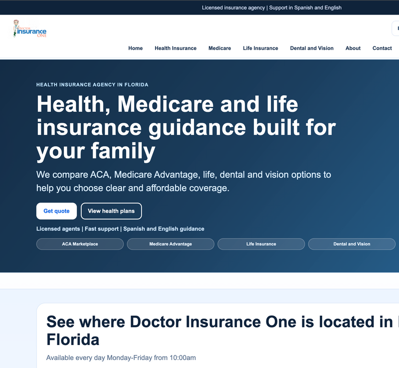 Captura del sitio web de la agencia de seguros Doctor Insurance One