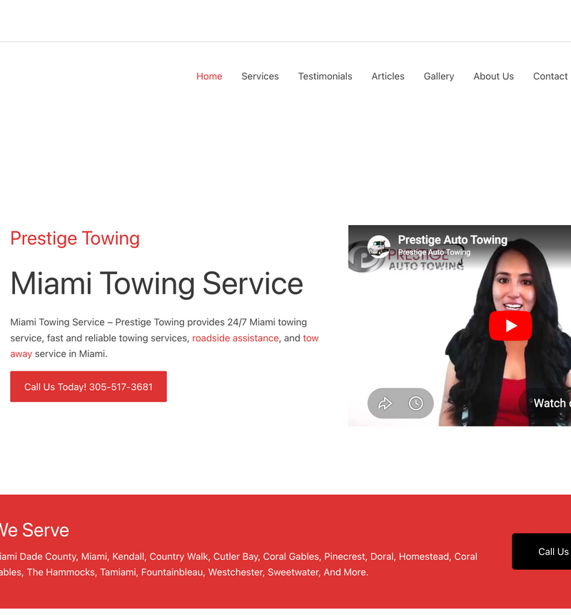 Captura del sitio web de Prestige Towing, servicio de grúas en Miami